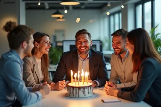 Collègues de bureau réunis autour d'un homme pour son anniversaire, tenant un gâteau dans un open space moderne