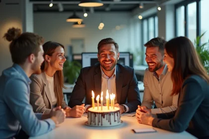 Collègues de bureau réunis autour d'un homme pour son anniversaire, tenant un gâteau dans un open space moderne