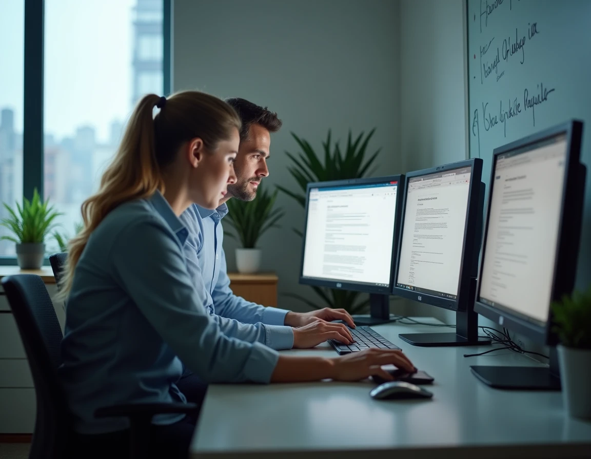 Deux collègues en bureau cherchant une solution face à un lien faljam introuvable sur un ordinateur de bureau