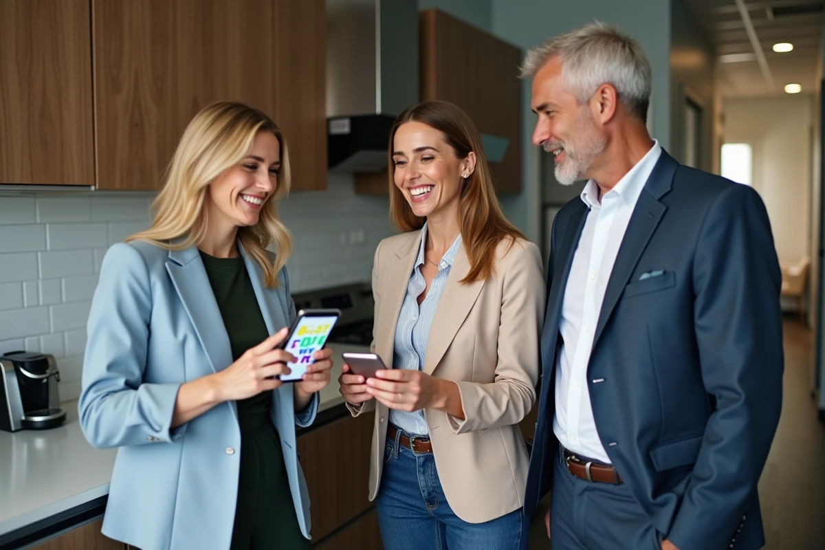 Trois collègues dans la cuisine du bureau partageant un message d'anniversaire animé sur smartphone pour un collègue masculin