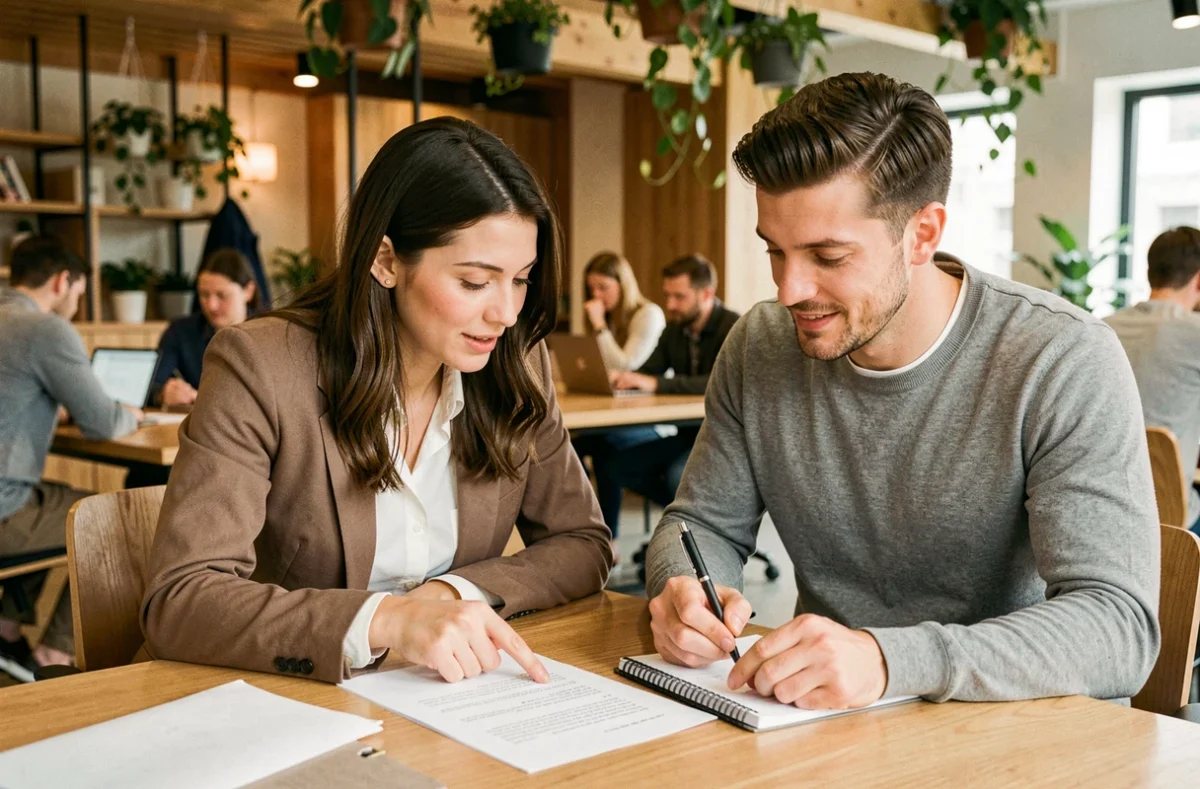 Deux collègues relisant ensemble un document professionnel contenant des formules courantes comme je vous rejoindrai dans un espace de coworking