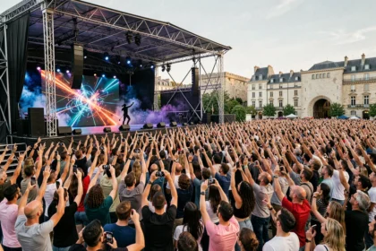 Concert international en plein air à Lyon avec une foule enthousiaste et un artiste sur scène devant un écran LED