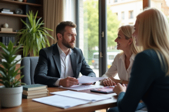 Conseiller financier confiant dans un bureau élégant discutant avec un couple