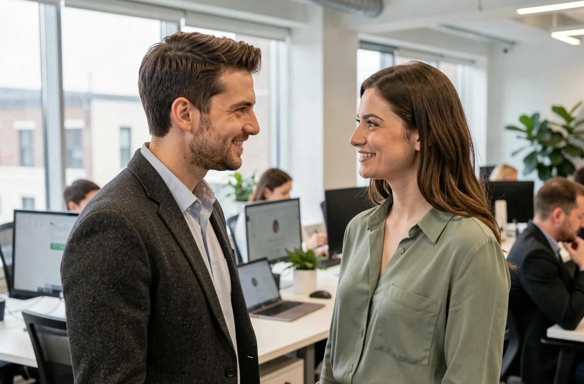 Homme et femme au bureau échangeant un bref contact visuel involontaire avec des sourires naturels et légèrement gênés