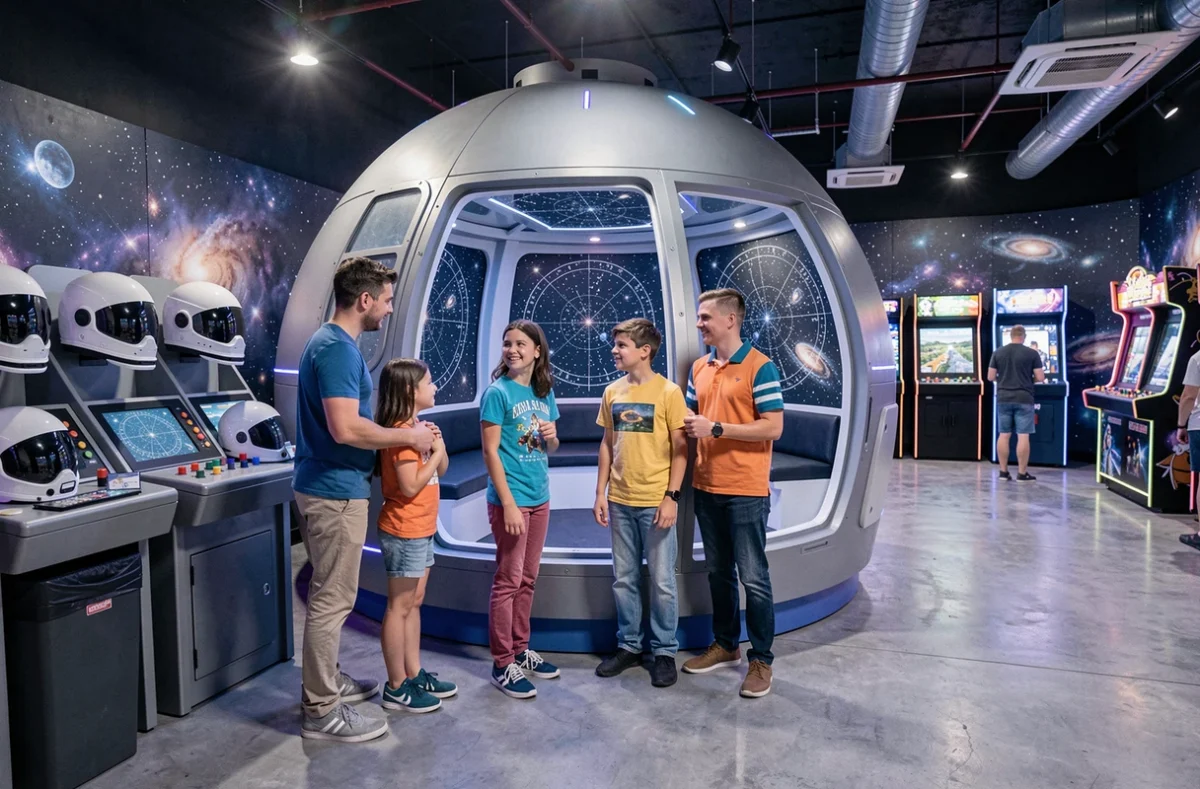 Famille jouant dans l'espace escape game à thème cosmique du Cosmic Park 54 dédié aux loisirs à Nancy