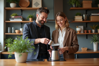 Couple souriant préparant du café dans un appartement cosy