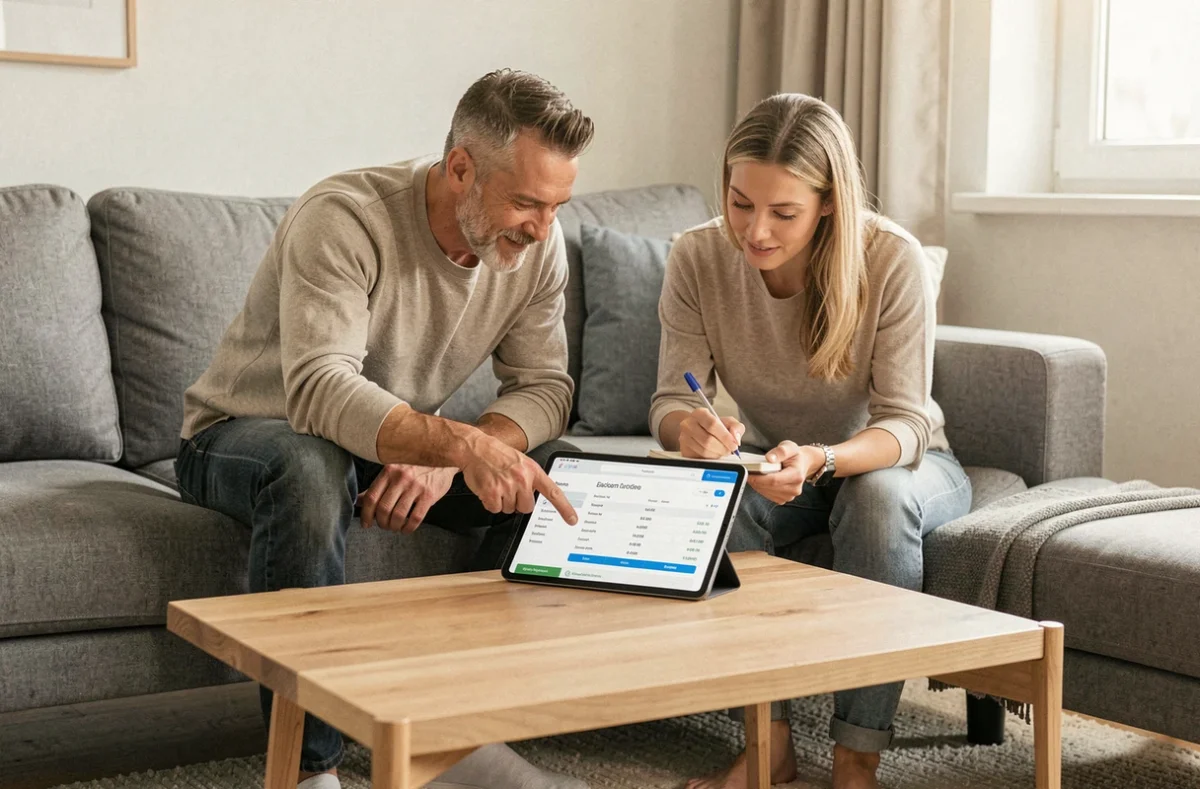 Couple consultant ensemble leur espace client et relevé de dépenses sur une tablette dans leur salon