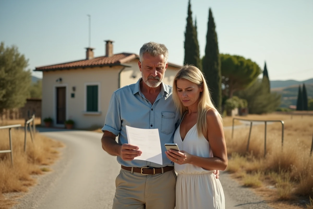 Couple déçu devant une location de vacances italienne en mauvais état, tenant une confirmation de réservation imprimée