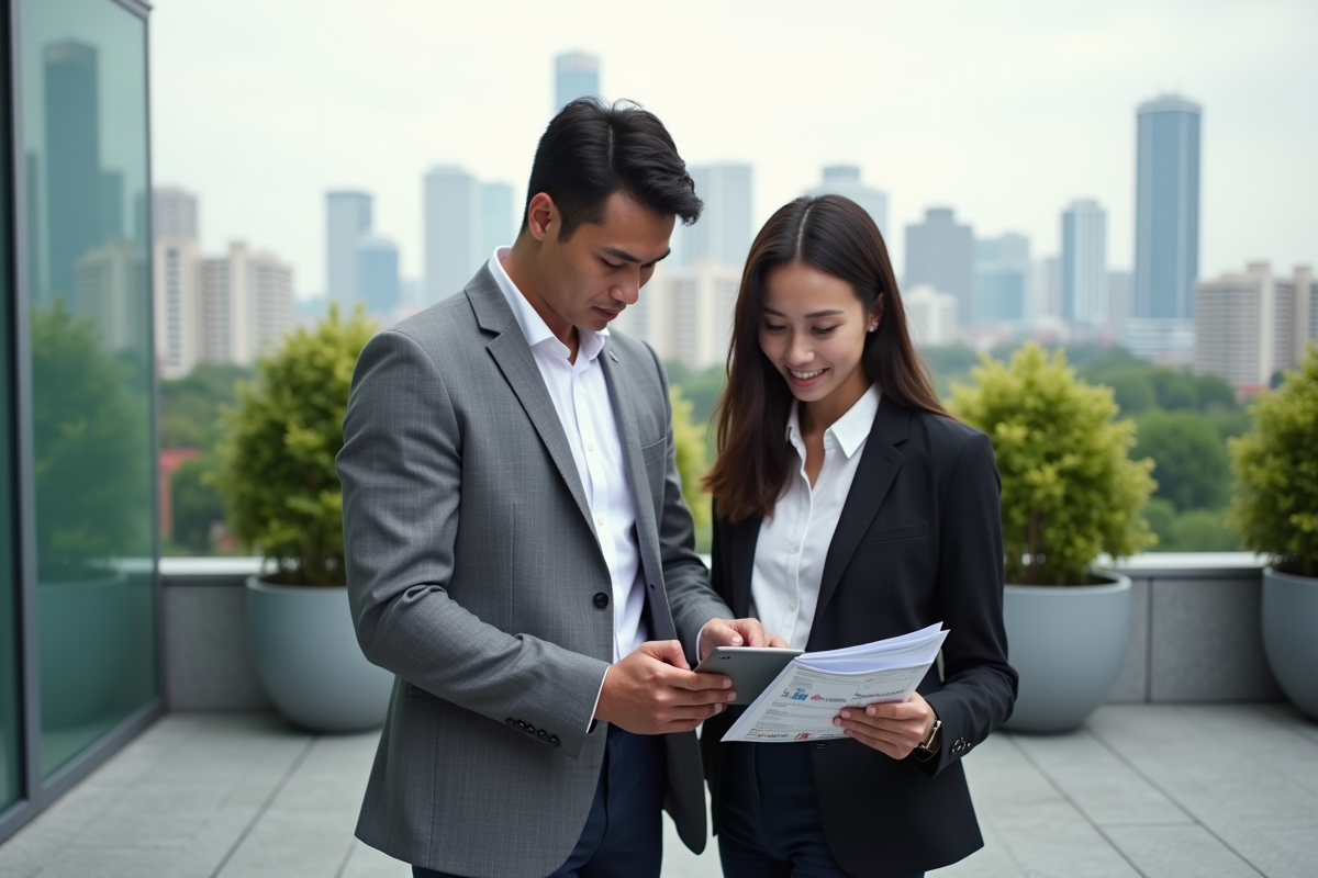 Jeune couple compare un tablet et brochures d investissement en ville