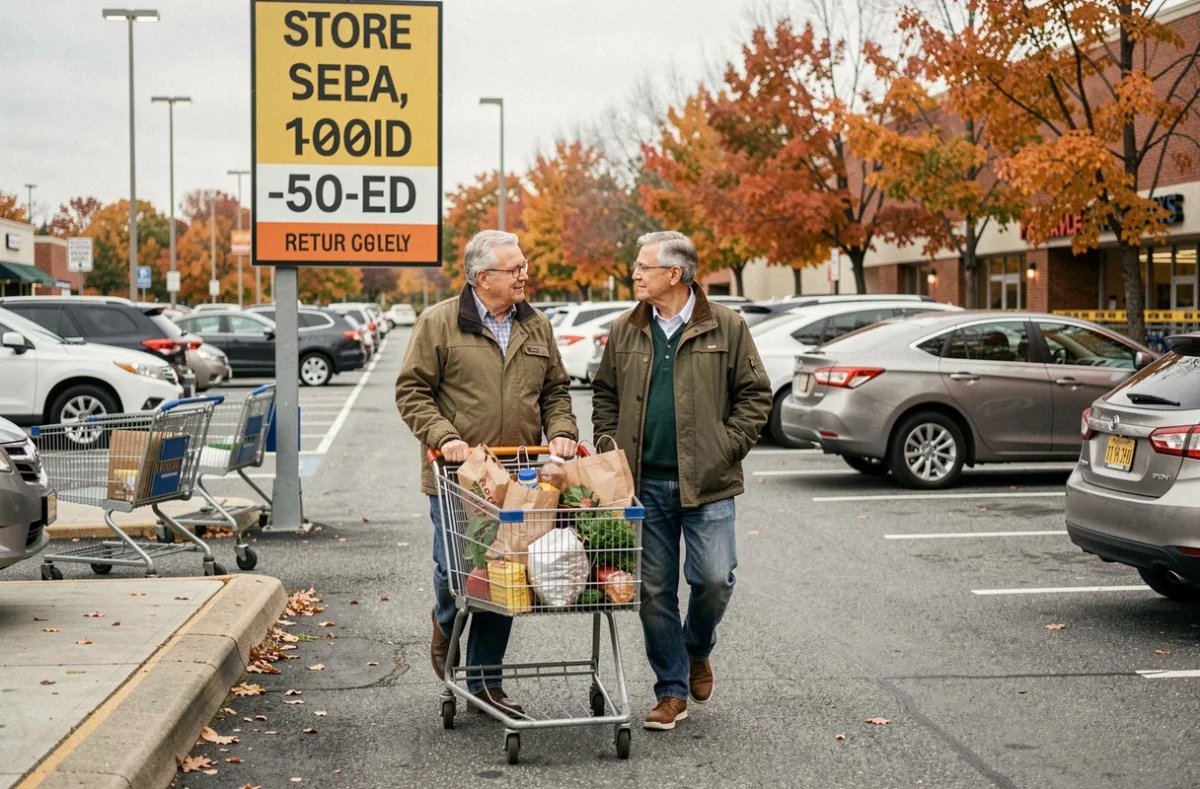 Couple en train de consulter le panneau des horaires d'ouverture dans le parking d'un supermarché Lidl