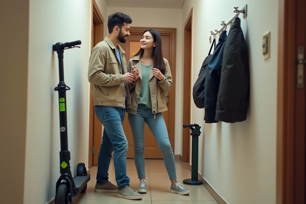 Couple planifiant leur mobilité urbaine avec une trottinette électrique dans le couloir de leur appartement