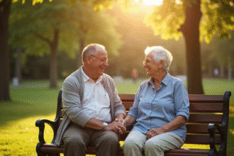 Couple senior souriant sur un banc en plein air