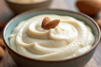Crème d'amande fraîche dans un bol avec amandes entières