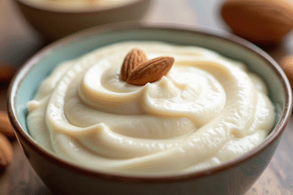 Crème d'amande fraîche dans un bol avec amandes entières
