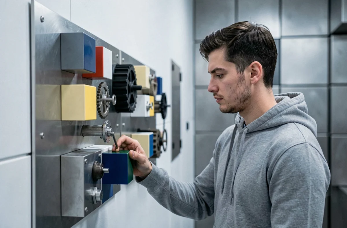 Joueur concentré face à des énigmes géométriques dans la salle moderne du Cube Escape Game à Nancy