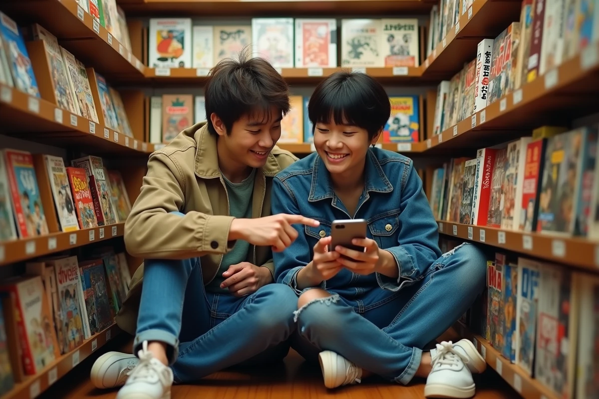 Deux jeunes adultes découvrant ensemble une application légale de manga dans une librairie spécialisée en mangas