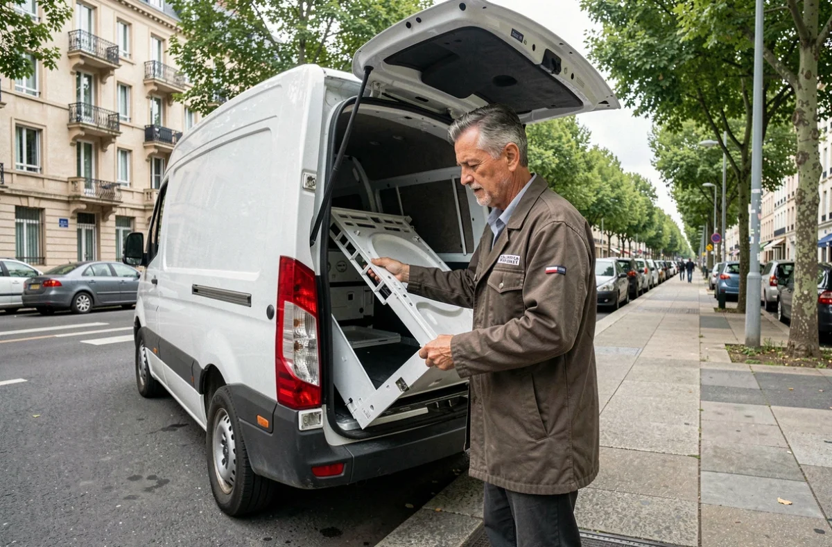 Technicien en dépannage électroménager déchargeant des pièces boulevard Gaston Birgé à Angers