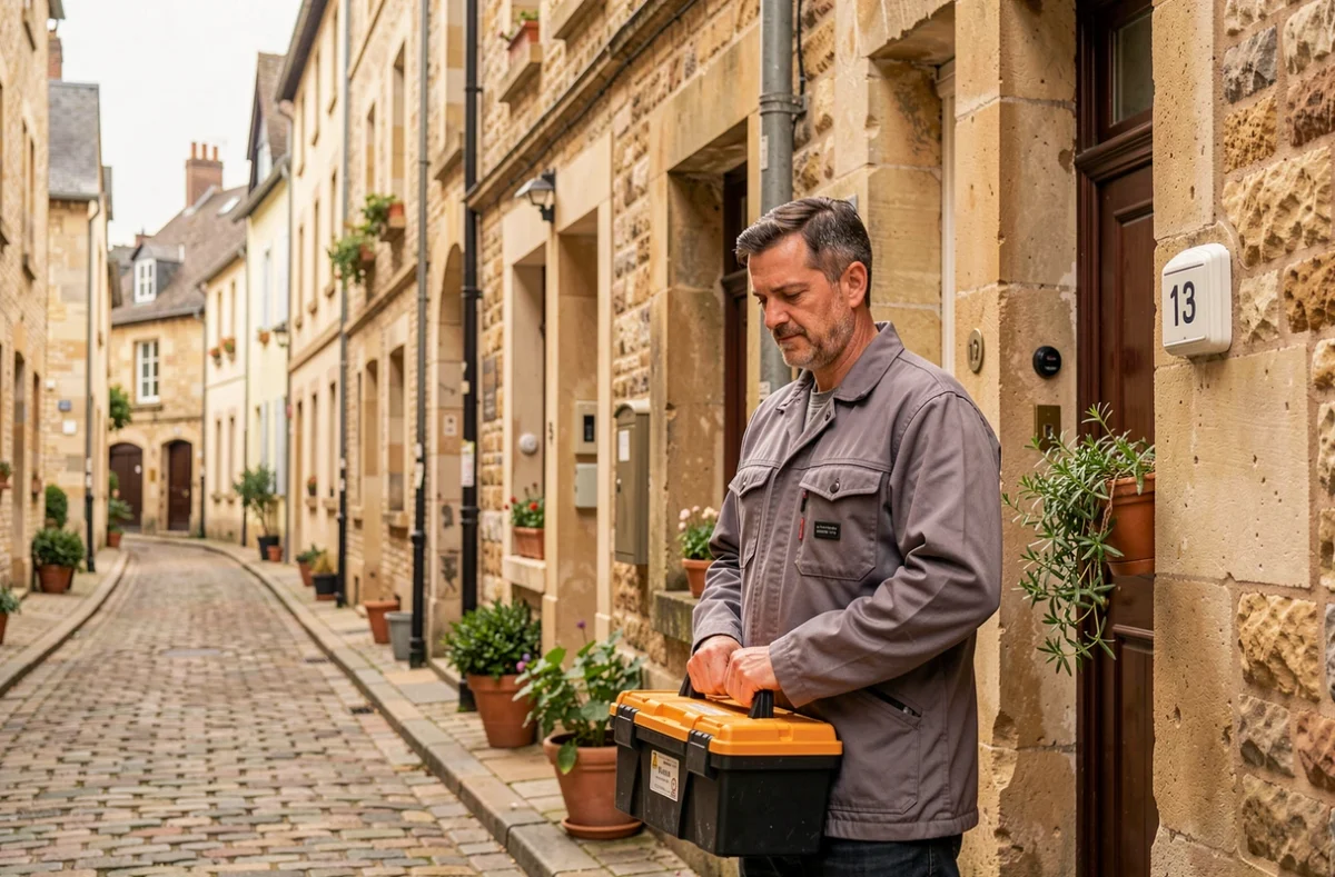 Technicien en dépannage électroménager arrivant rue des Petites Pannes dans le quartier historique d'Angers