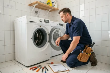 Technicien en électroménager réparant un lave-linge dans une salle de lavage résidentielle en Maine-et-Loire