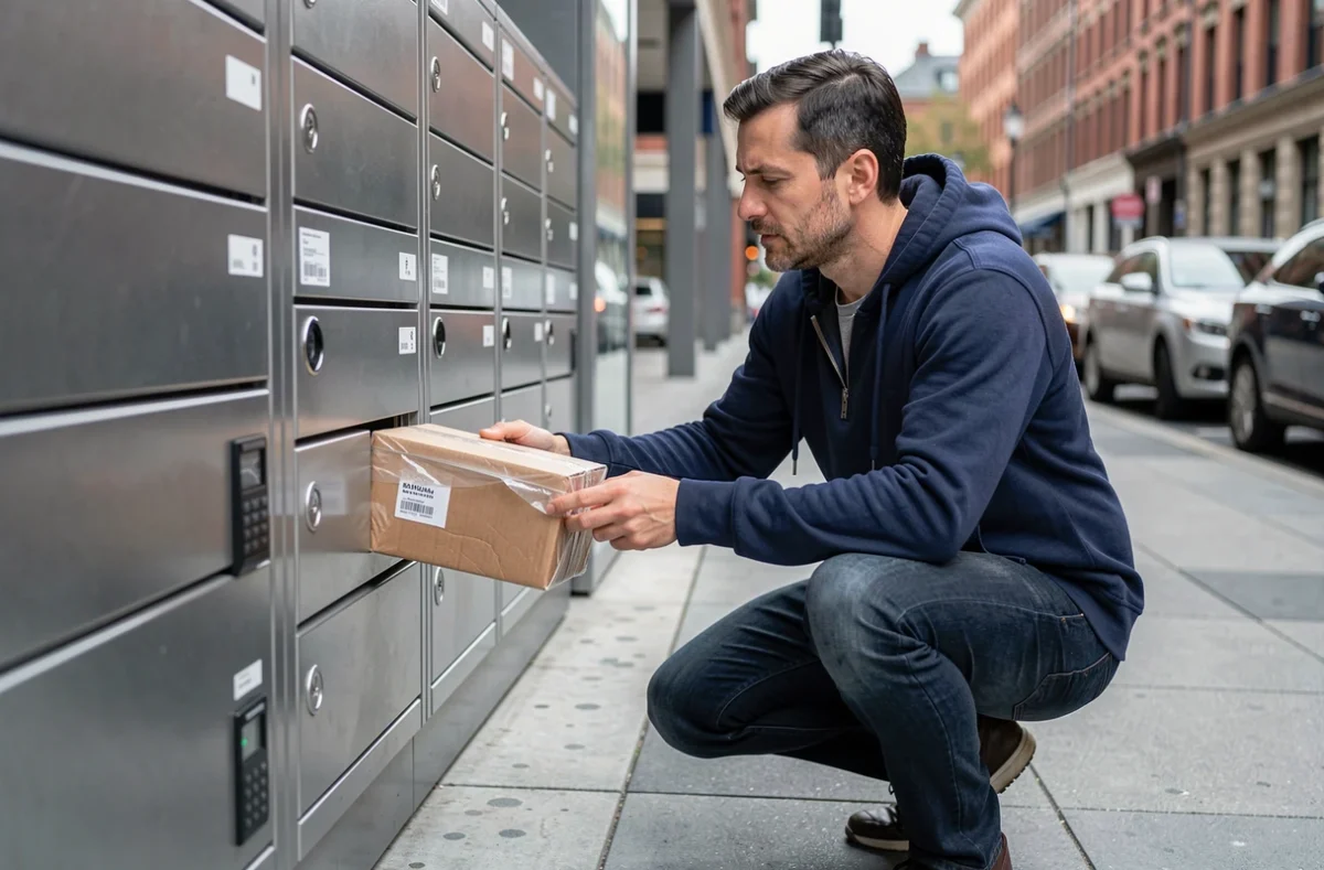 Homme déposant un colis de retour dans une consigne automatique en milieu urbain