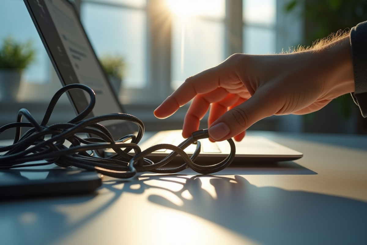 Main débranchant un câble technologique futuriste sur un bureau lumineux
