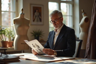 Designer de mode homme dans un studio lumineux avec croquis et tissus
