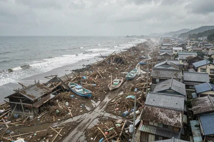 Vue aérienne d'une ville côtière japonaise dévastée par un tsunami, avec des débris, des bateaux retournés et des bâtiments endommagés en bord de mer