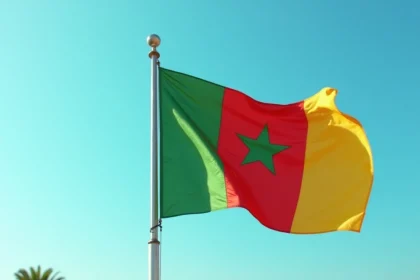 Drapeau du Sénégal avec bandes jaune, verte et rouge et étoile verte centrale flottant sur un mât métallique