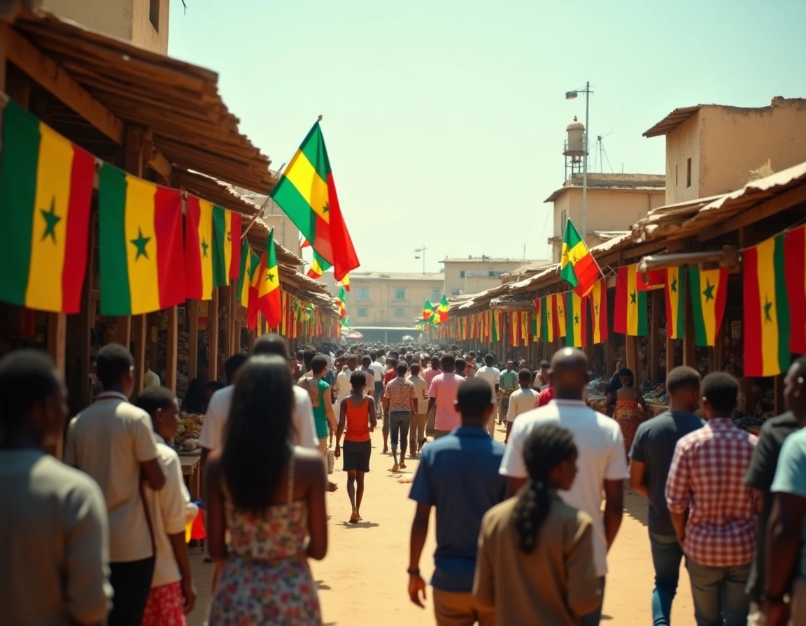 Drapeaux sénégalais jaune vert rouge avec étoile exposés sur un marché en plein air en Afrique de l'Ouest