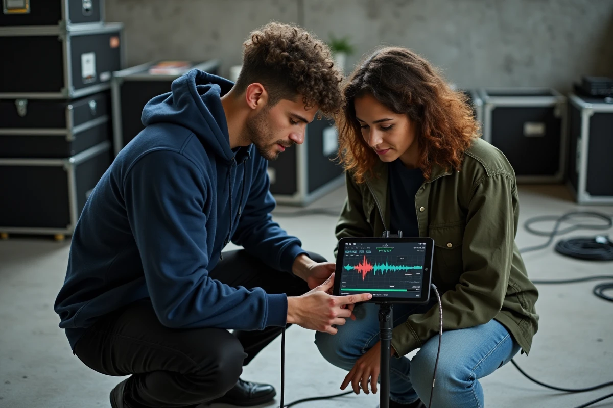 Deux musiciens consultant ensemble un calculateur de décibels sur tablette avant une répétition en entrepôt