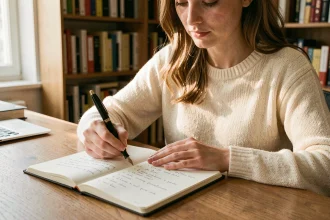 Jeune femme écrivant des rimes en français dans un carnet avec une plume, assise à un bureau en bois
