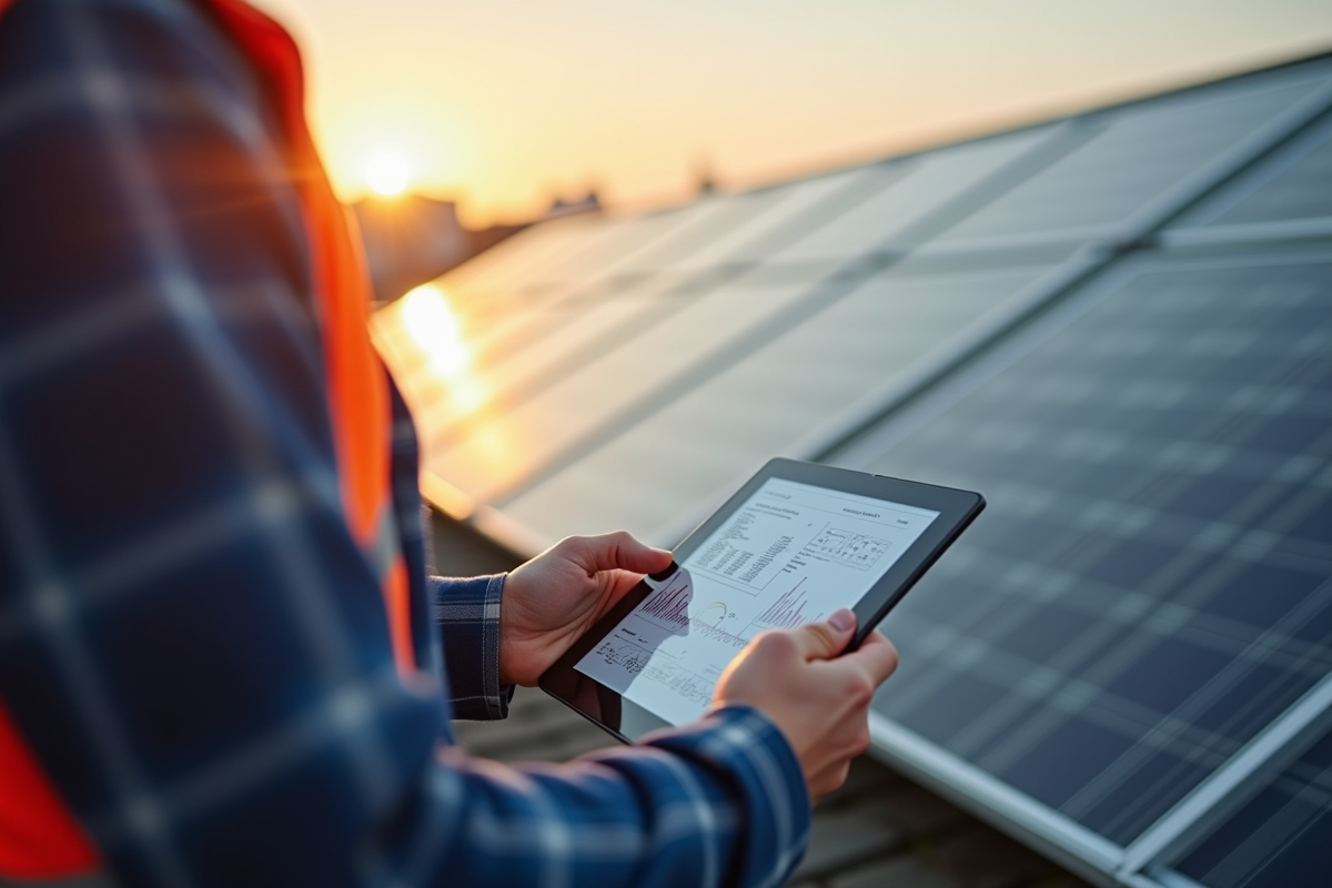 Électricien utilisant une tablette près de panneaux solaires sur le toit