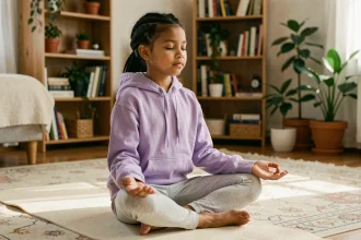 Jeune fille en méditation sur un tapis de yoga dans une chambre paisible, illustrant la pratique d'un mantra pour enfants