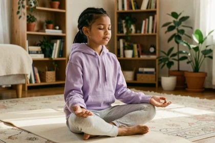 Jeune fille en méditation sur un tapis de yoga dans une chambre paisible, illustrant la pratique d'un mantra pour enfants