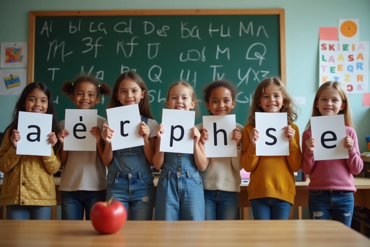 Groupe d enfants tenant des cartes avec lettres de l alphabet français