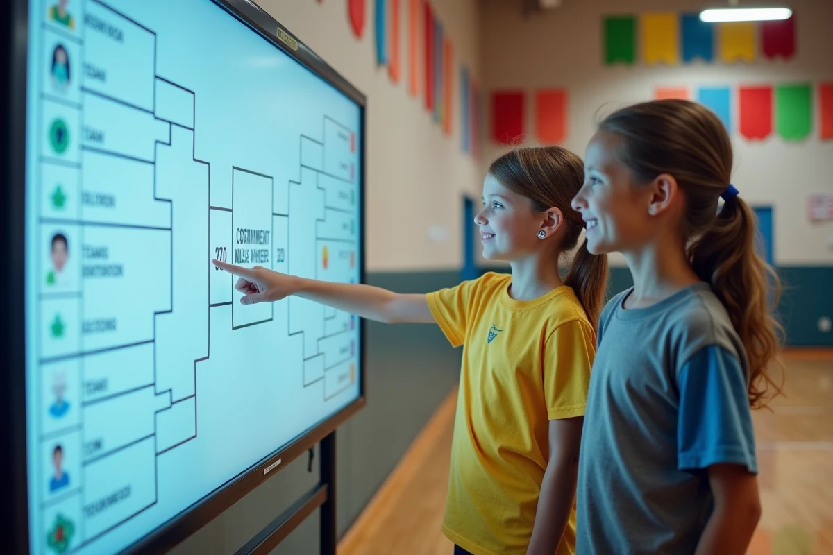 Enfants pointant un tableau interactif avec enthousiasme