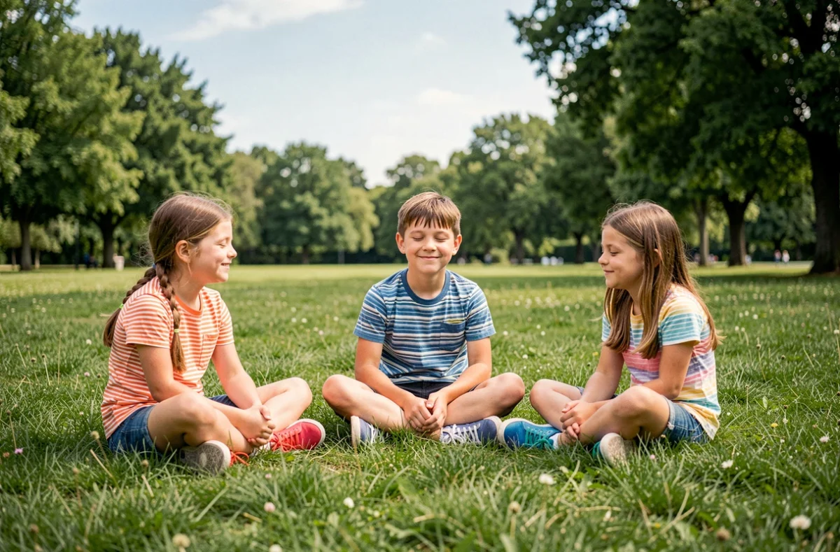 Groupe d'enfants pratiquant la méditation et les mantras ensemble dans un parc, activité de bien-être pour les jeunes