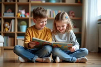 Deux enfants rient en lisant un livre coloré dans le salon