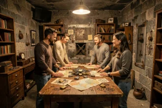 Groupe de joueurs adultes explorant une salle d'escape game immersive avec des énigmes et objets mystérieux en Meurthe-et-Moselle