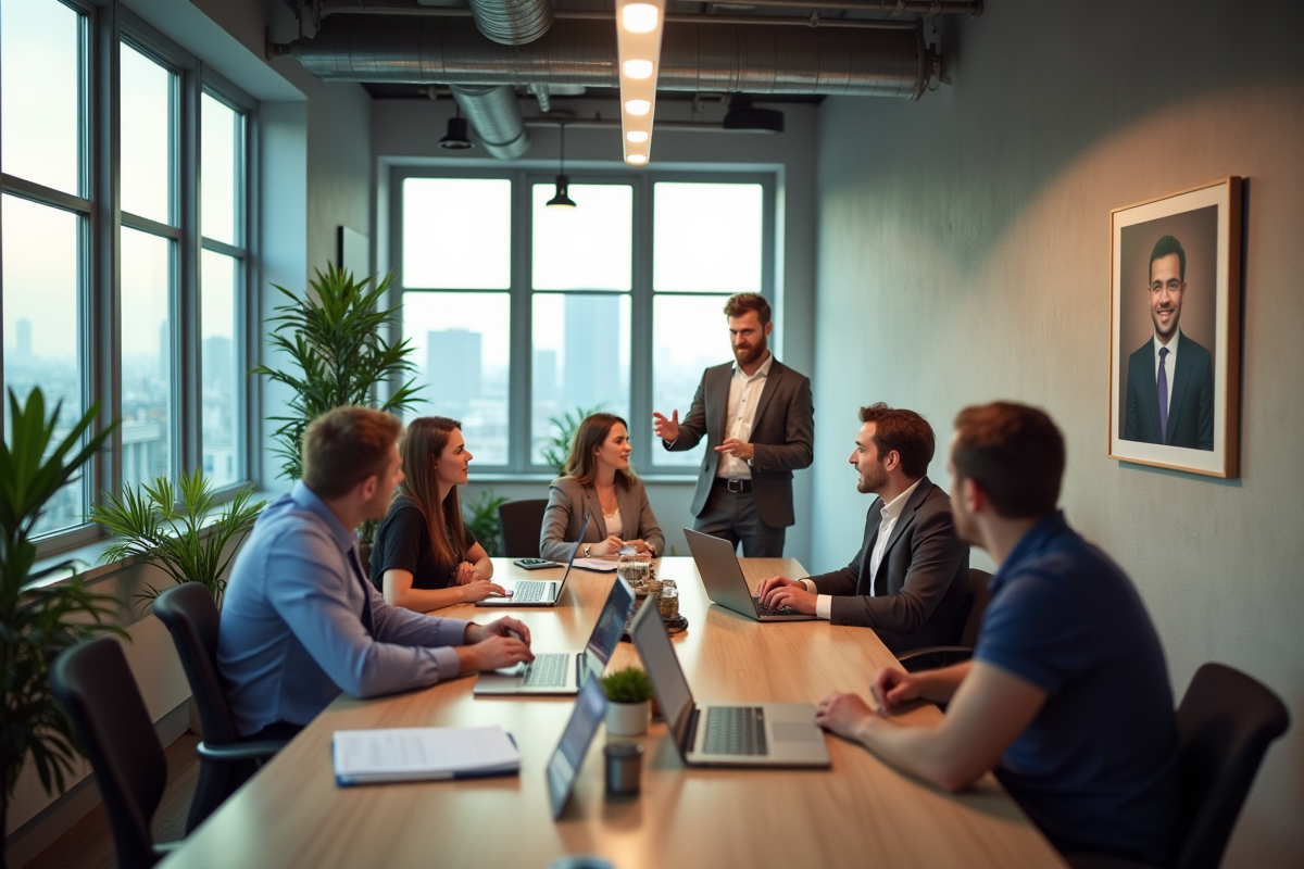 Employes collaborant dans un espace ouvert avec portrait en fond