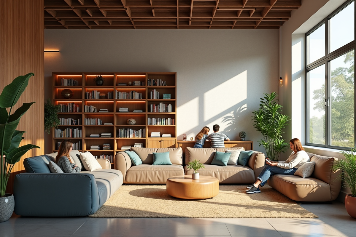Espace de vie contemporain avec canapés et plantes vertes