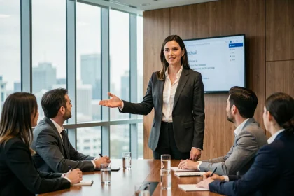 Femme manager ESTJ en blazer charbon dirigeant une réunion d'équipe dans une salle de conférence moderne avec vue sur la ville