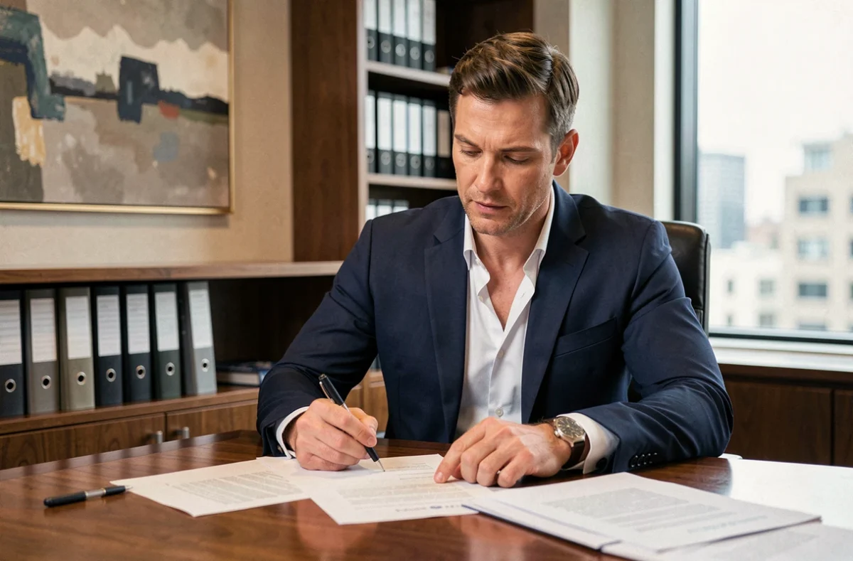Homme au profil ESTJ en costume marine analysant des documents dans un bureau exécutif organisé, incarnant leadership structuré et autorité calme