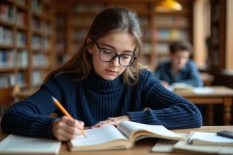 Étudiante en terminale qui révise les figures de style dans une bibliothèque universitaire avec des livres de littérature française ouverts