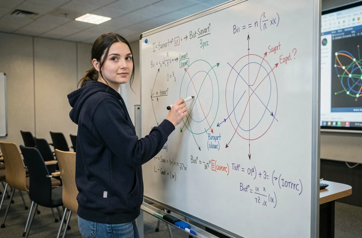 Étudiante en physique expliquant les lignes de champ magnétique autour d'un conducteur parcouru par un courant continu devant un tableau blanc