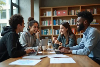 Étudiants universitaires collaborant autour d'un ordinateur affichant un site de partenariat sciences-société