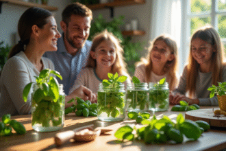 Famille préparant du basilic dans la cuisine en famille