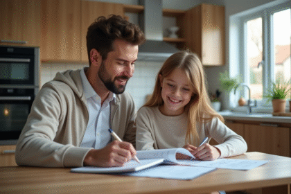 Jeune couple et fille dans la cuisine en train de revoir leurs factures