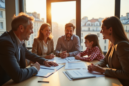 Famille heureuse discutant avec conseiller bancaire dans un bureau lumineux