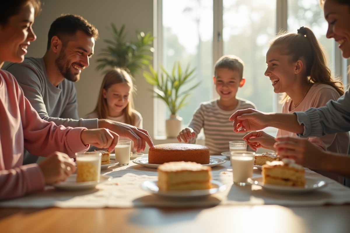 Famille partageant un gâteau maison dans une salle à manger lumineuse